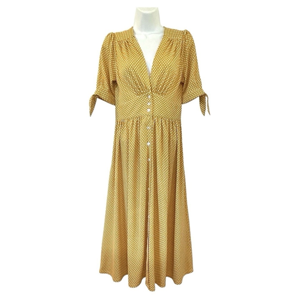 Spencer & Shaw Mustard Polka Dot Midi Dress Womens Small Tie Sleeve